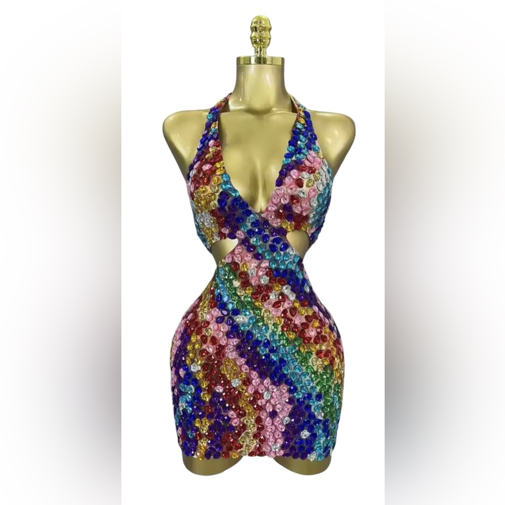 Elegant Multi-Color Crystal Embellished Sequin Cutout V-Neck Mini Dress
